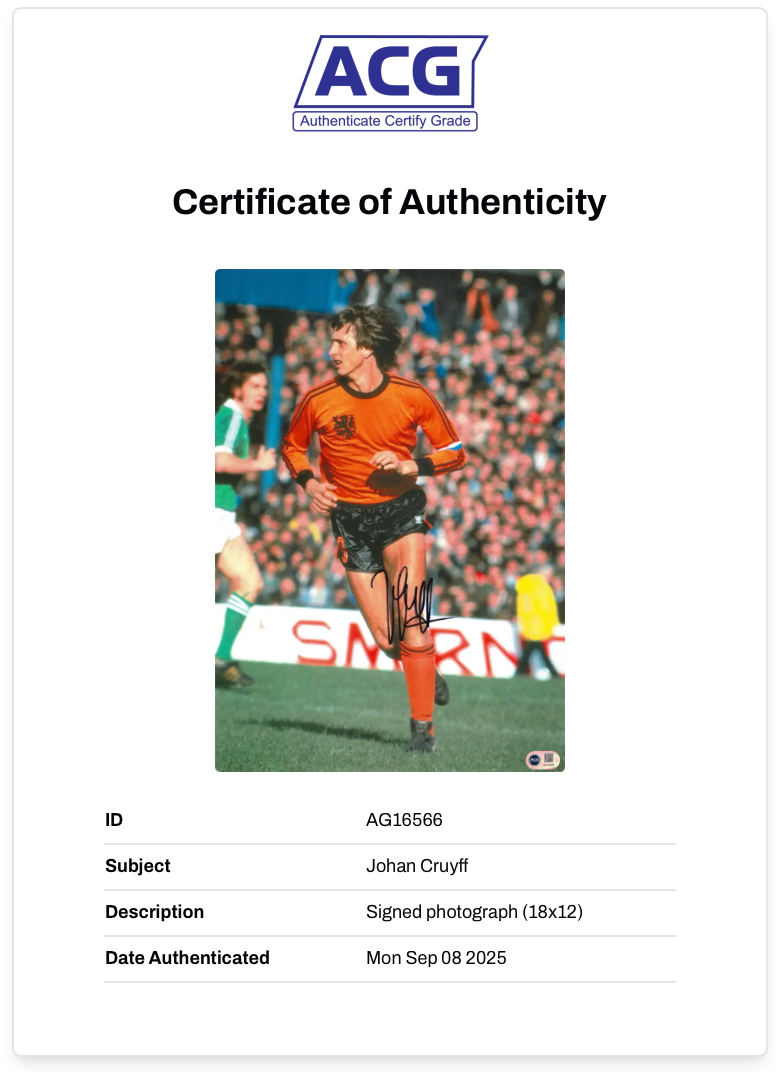 JOHAN CRUYFF SIGNED NETHERLANDS 18x12 PHOTOGRAPH (ACG CERT AG16566)