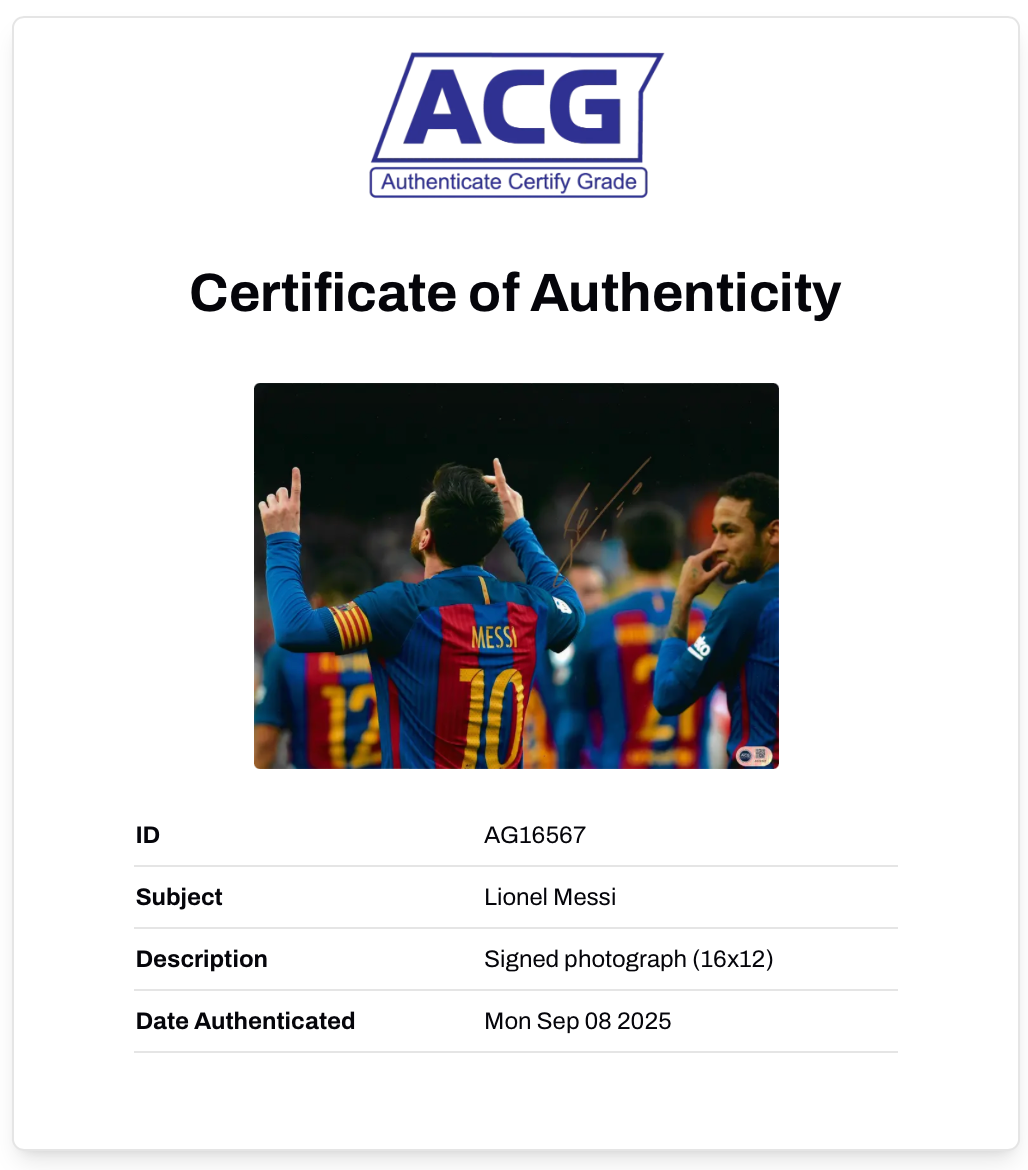 LIONEL MESSI SIGNED FC BARCELONA 16x12 PHOTO (ACG CERT AG16567)