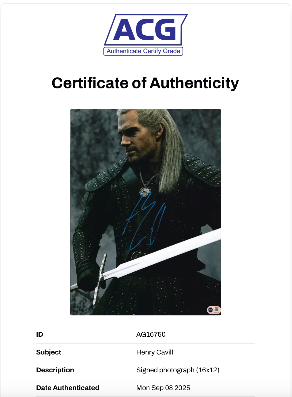 HENRY CAVILL SIGNED THE WITCHER GERALT 16x12 PHOTO (ACG CERT AG16750)-2