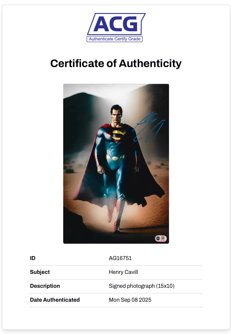 HENRY CAVILL SIGNED SUPERMAN 15x10 PHOTOGRAPH (ACG CERT AG16751)
