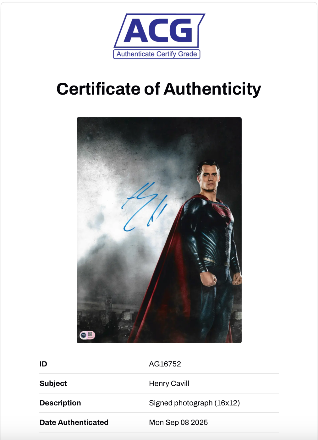 HENRY CAVILL SIGNED SUPERMAN 16x12 PHOTO (ACG CERT AG16752)