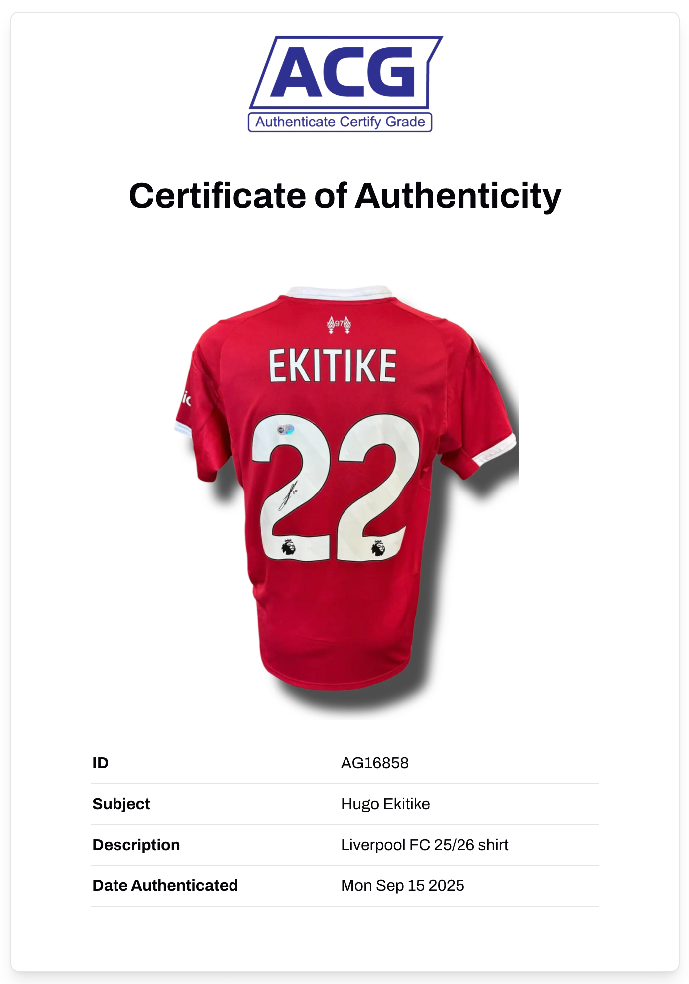 HUGO EKITIKE SIGNED 2025/26 LIVERPOOL FC HOME SHIRT (ACG CERT AG16858)