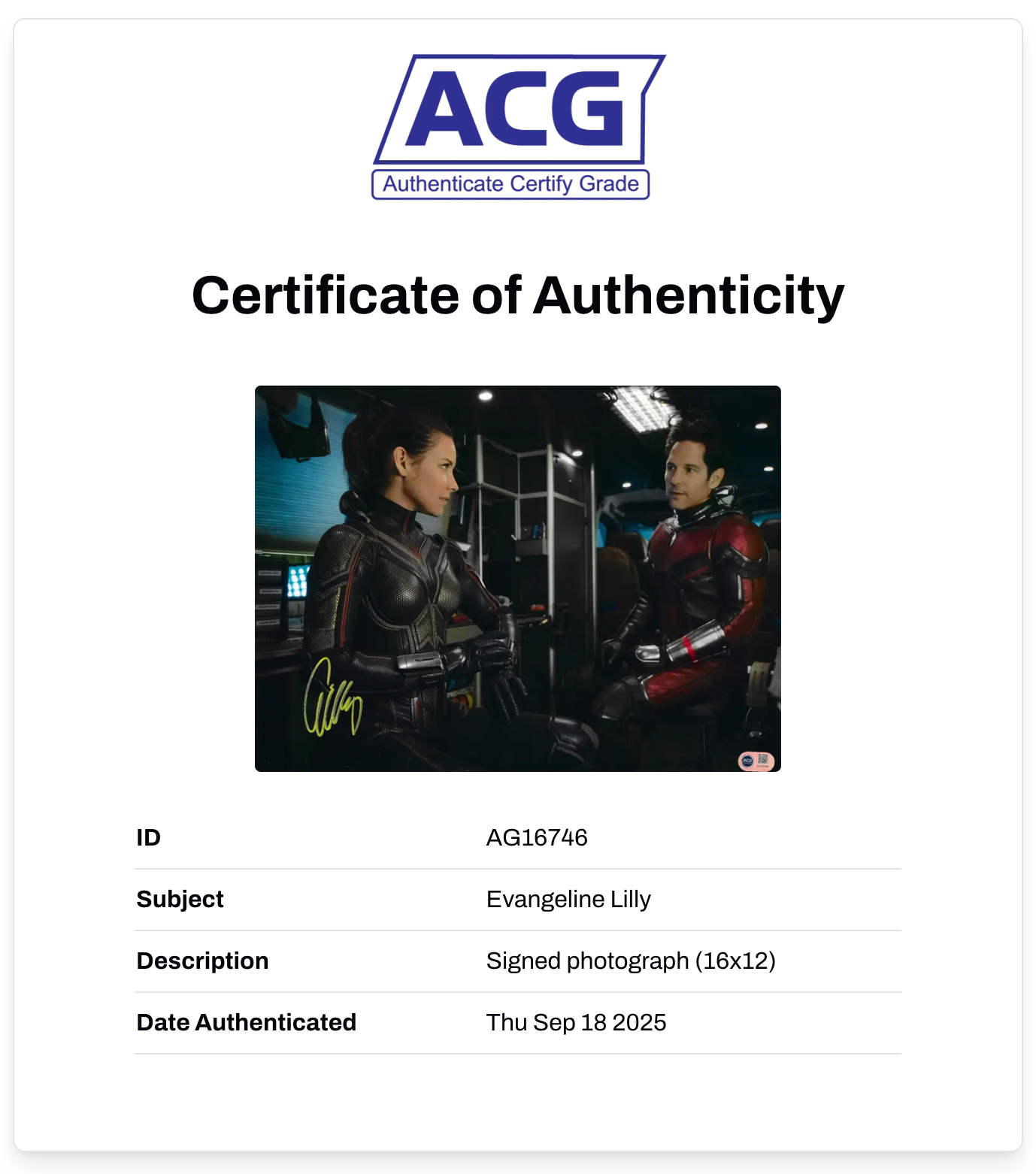 EVANGELINE LILLY SIGNED ANT MAN AND THE WASP 16x12 PHOTO (ACG CERT AG16746)