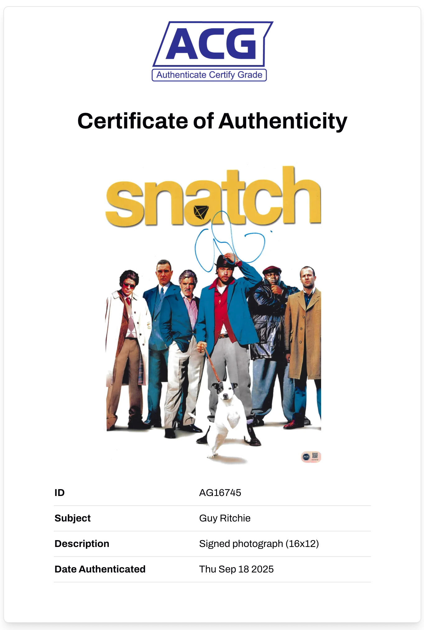GUY RITCHIE SIGNED 16x12 SNATCH MOVIE POSTER PHOTO (ACG CERT AG16745)