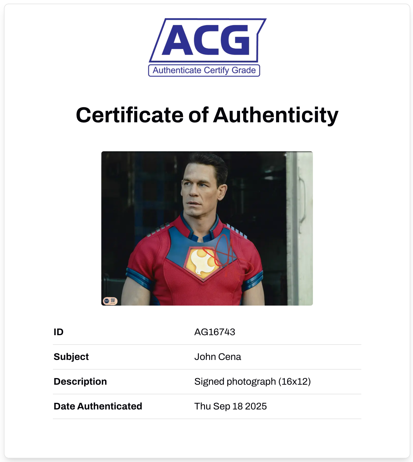 JOHN CENA SIGNED PEACEMAKER SUICIDE SQUAD 16x12 PHOTO (ACG CERT AG16743)