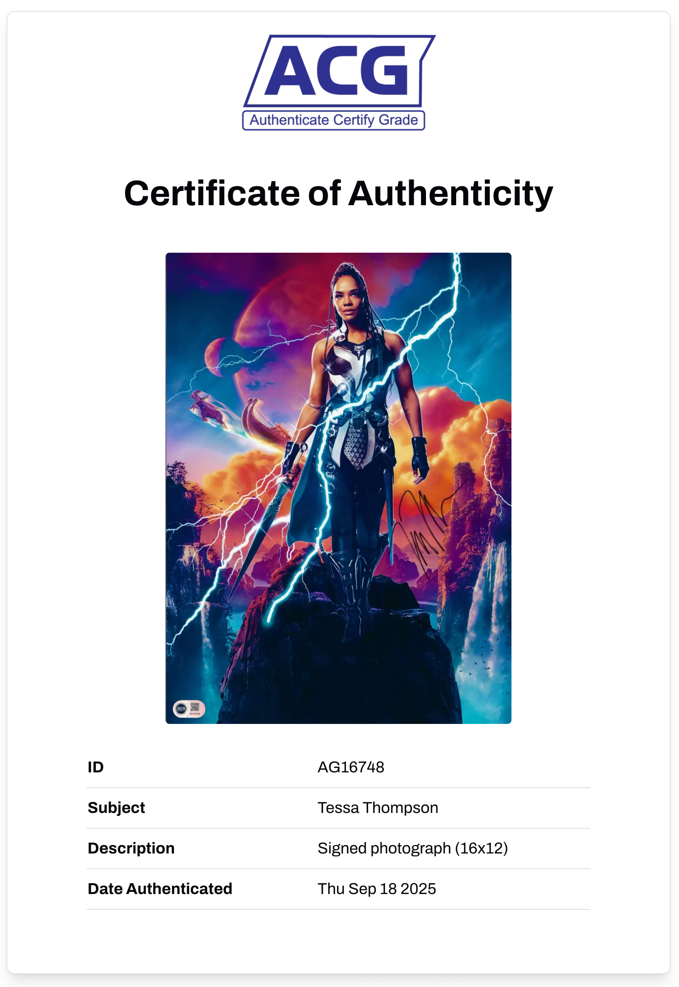 TESSA THOMPSON SIGNED VALKYRIE THOR RAGNAROK 16x12 PHOTO (ACG CERT AG16748)