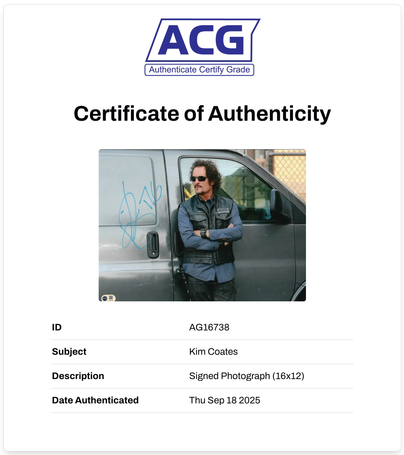 KIM COATES SIGNED SONS OF ANARCHY TIG 16x12 PHOTO (ACG CERT AG16738)