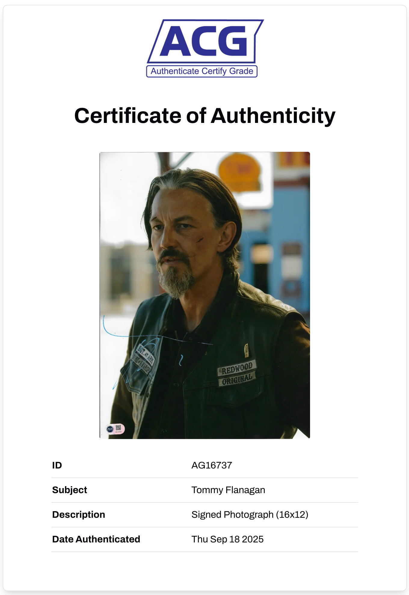 TOMMY FLANAGAN SIGNED CHIBS SONS OF ANARCHY 16x12 PHOTO (ACG CERT AG16737)