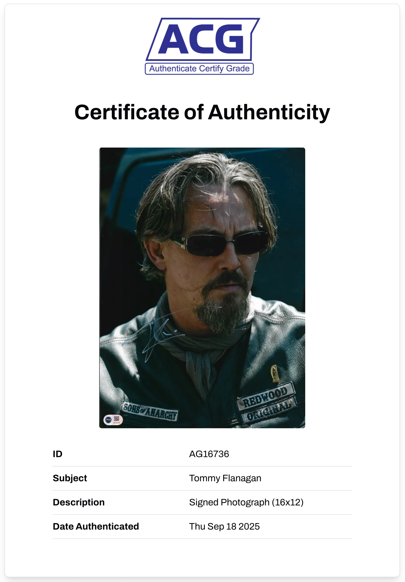 TOMMY FLANAGAN SIGNED CHIBS SONS OF ANARCHY 16x12 PHOTO (ACG CERT AG16736)