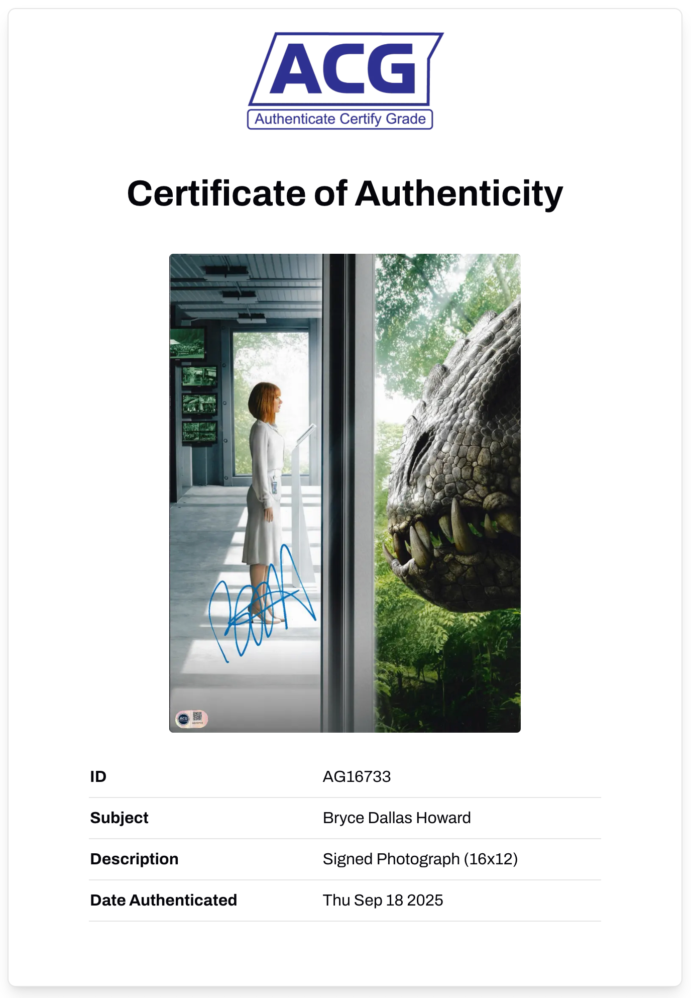 BRYCE DALLAS HOWARD SIGNED JURASSIC WORLD 16x12 PHOTO (ACG CERT AG16733)