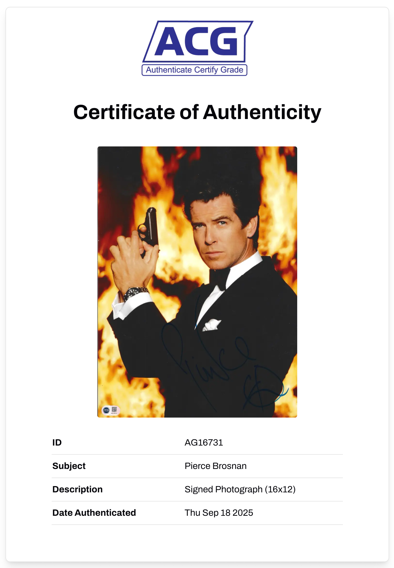 PIERCE BROSNAN SIGNED 16X12 JAMES BOND 007 PHOTOGRAPH (ACG CERT AG16731)