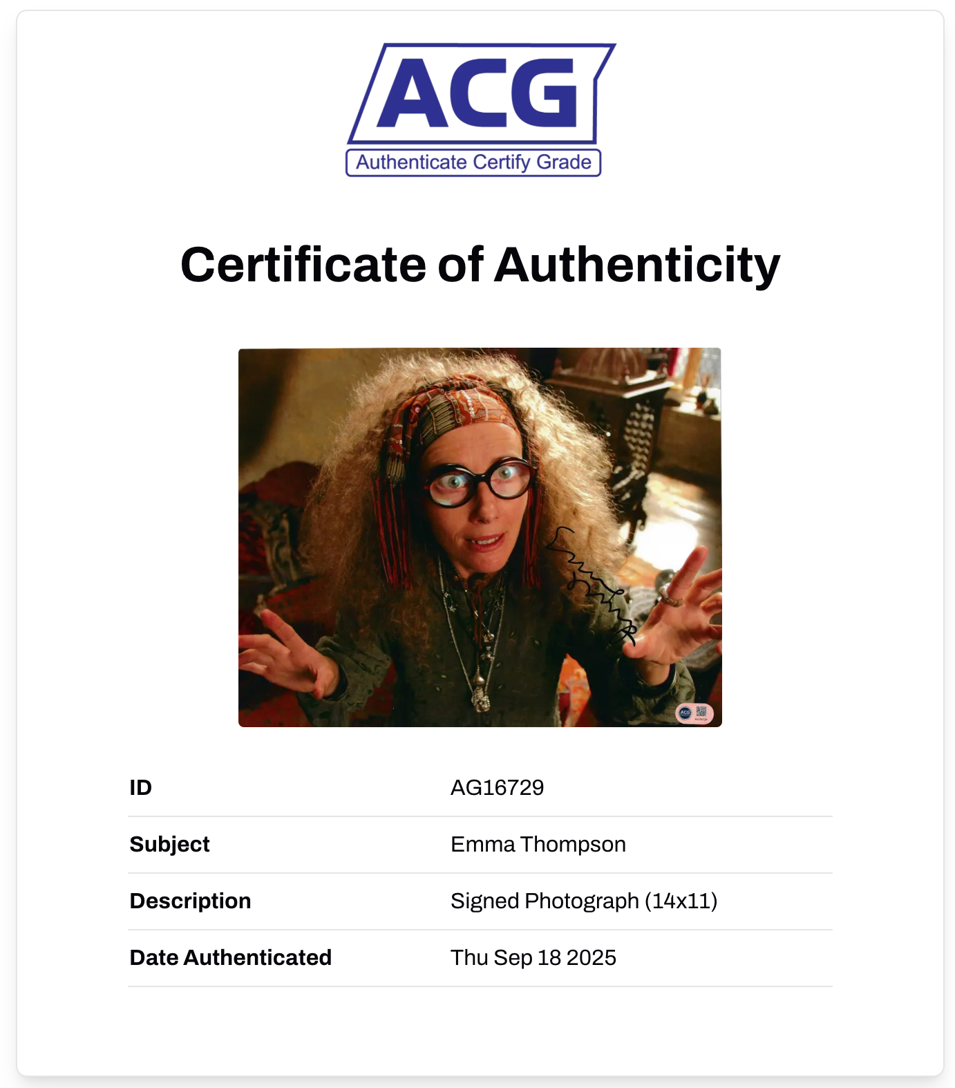 EMMA THOMPSON HARRY POTTER SYBIL TRELAWNEY SIGNED 14x11 PHOTO (ACG CERT AG16729)