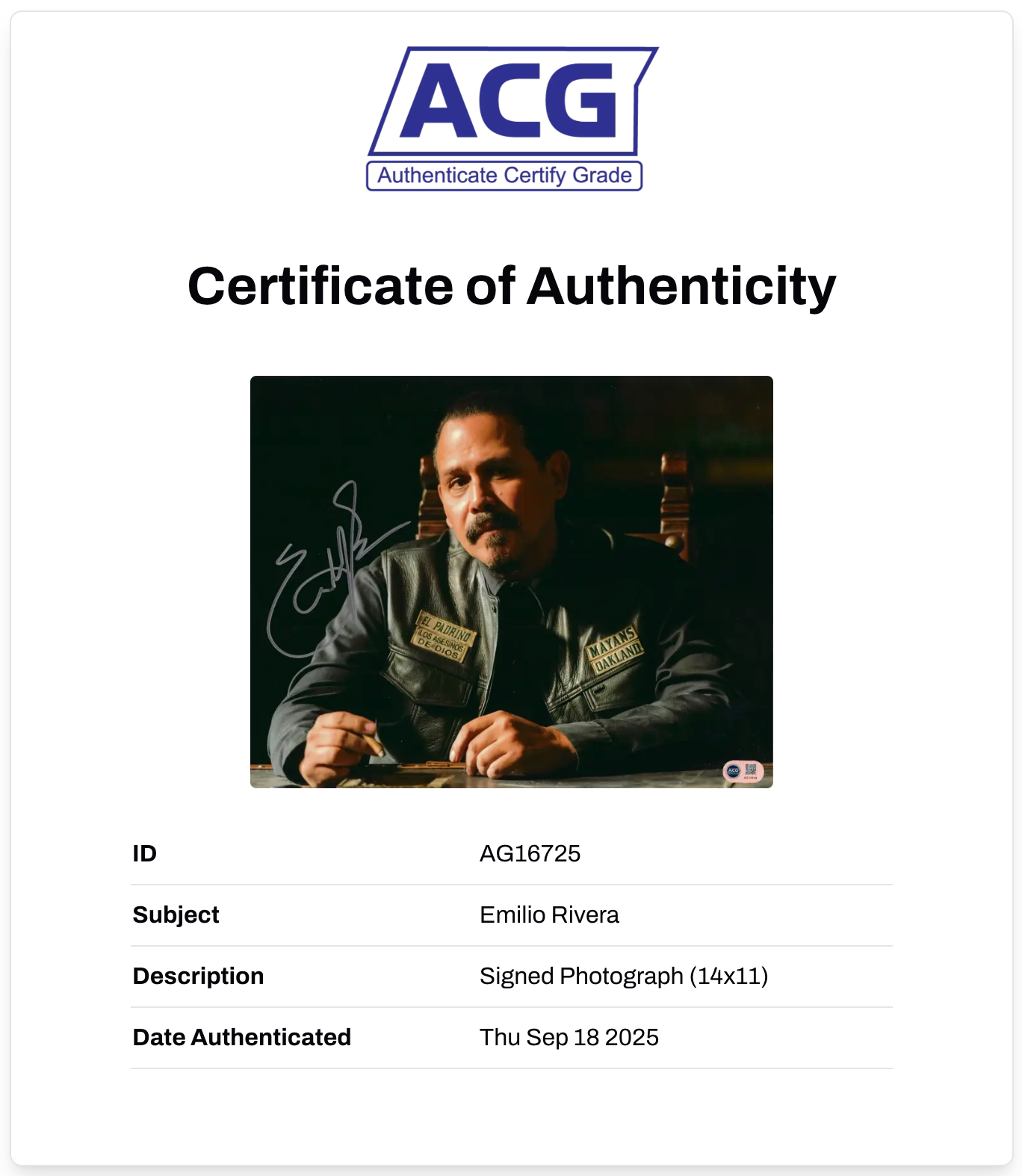 EMILIO RIVERA SIGNED ALVAREZ SONS OF ANARCHY MAYANS 14x11 PHOTO (ACG CERT AG16725)