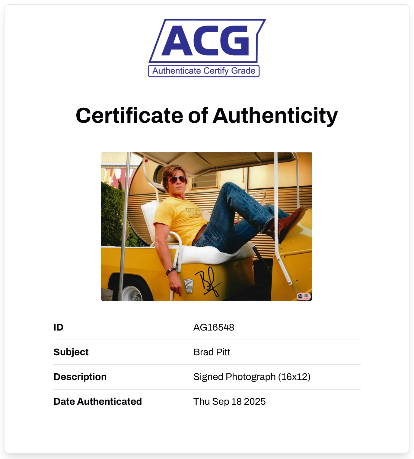 BRAD PITT SIGNED ONCE UPON A TIME IN HOLLYWOOD 16x12 PHOTO (ACG CERT AG16548)-2