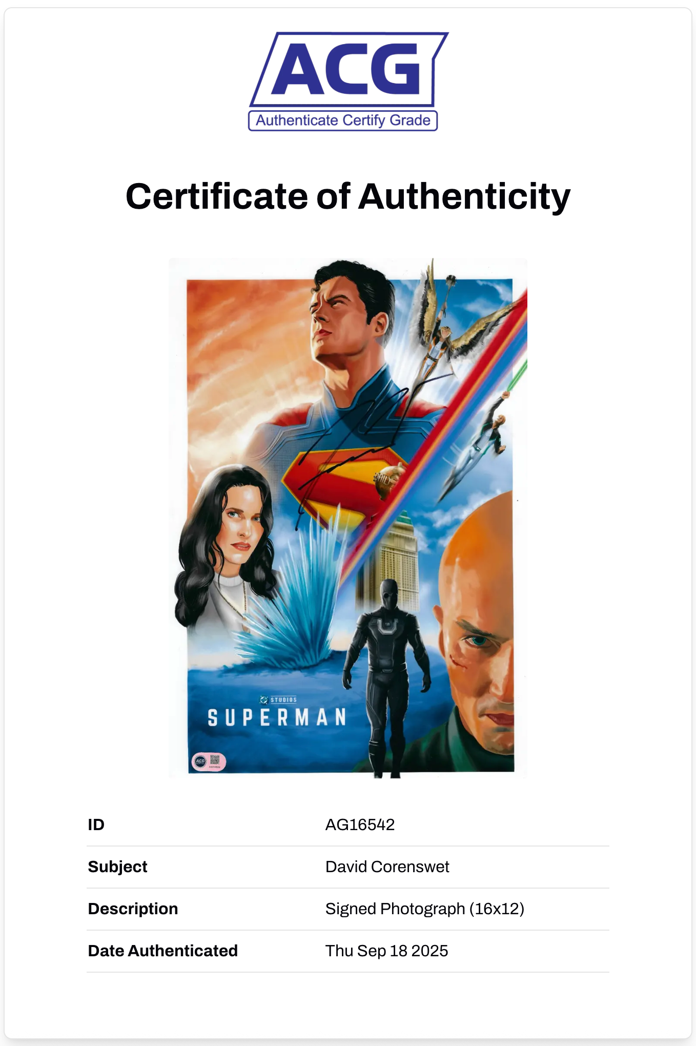 DAVID CORENSWET SIGNED SUPERMAN 16x12 PHOTO (ACG CERT AG16542)