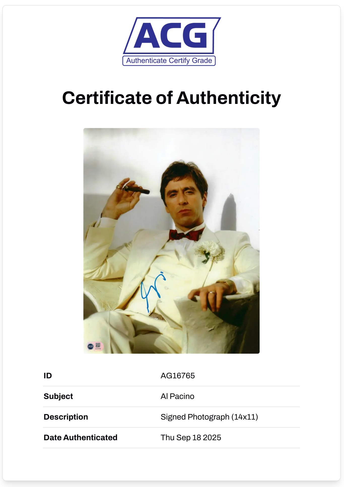 AL PACINO SIGNED SCARFACE TONY MONTANA 14x11 PHOTO (ACG CERT AG16765)