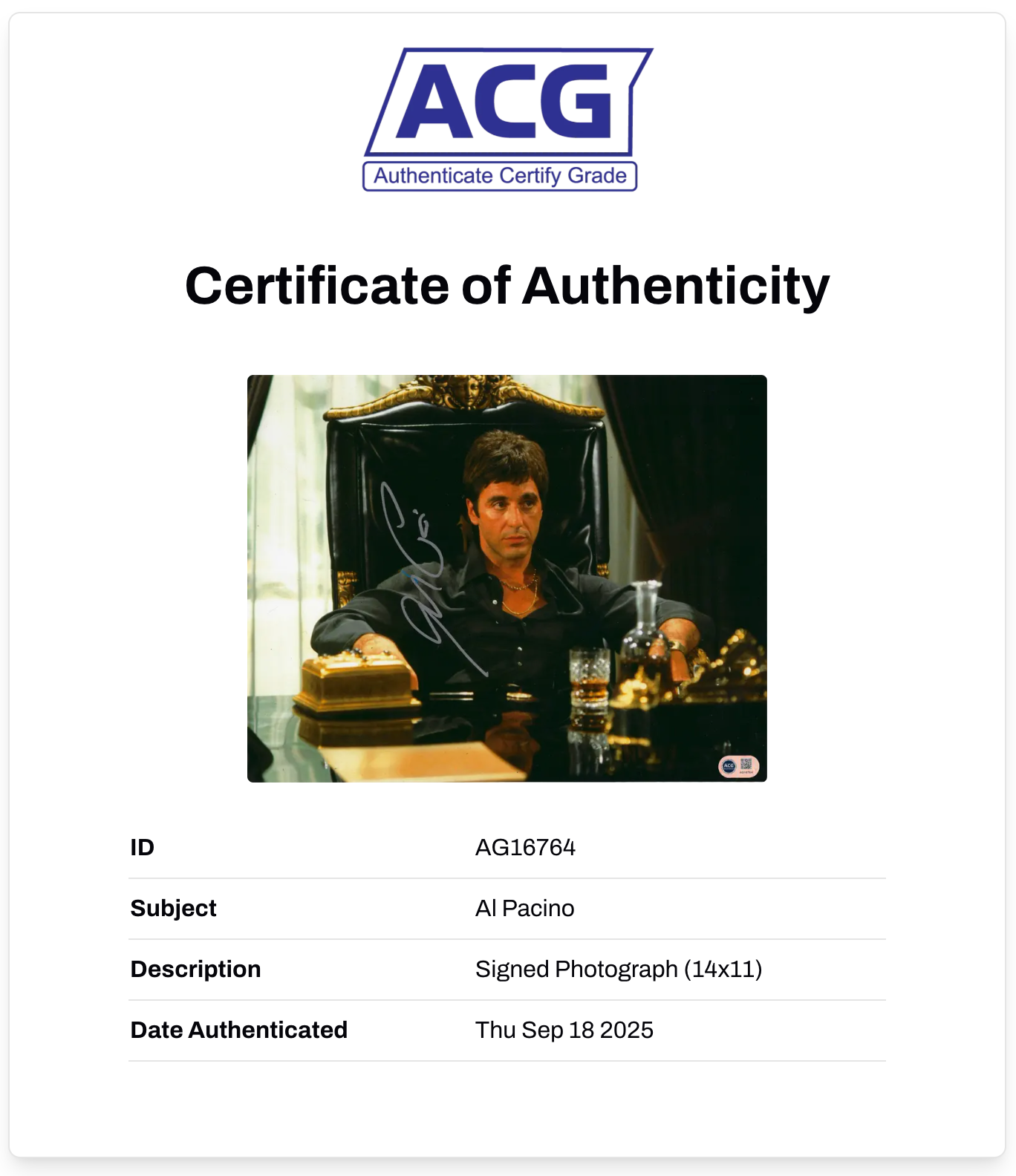 AL PACINO SIGNED SCARFACE TONY MONTANA 14x11 PHOTO (ACG CERT AG16764)