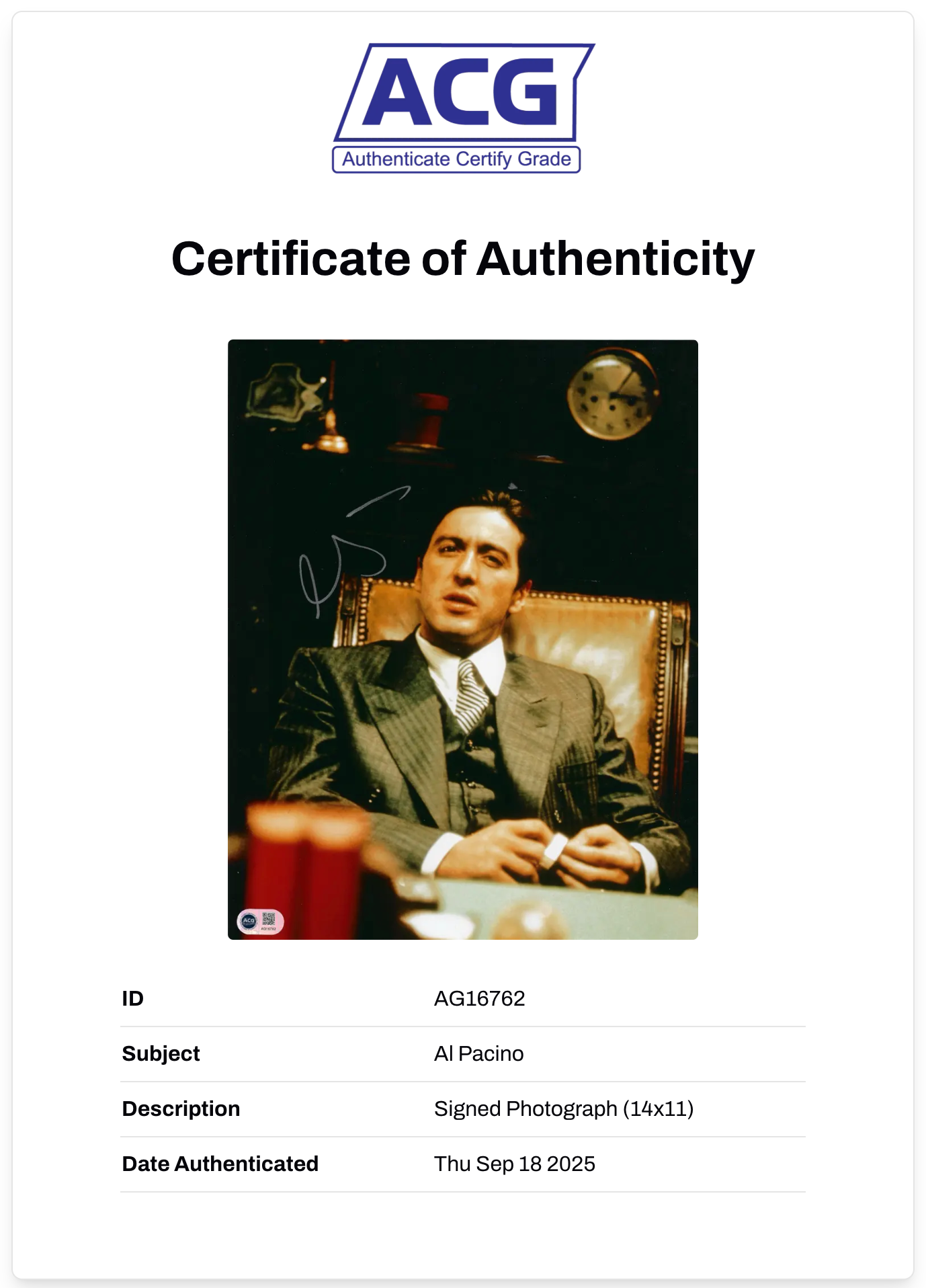 AL PACINO SIGNED THE GODFATHER MICHAEL CORLEONE 14x11 PHOTO (ACG CERT AG16762)