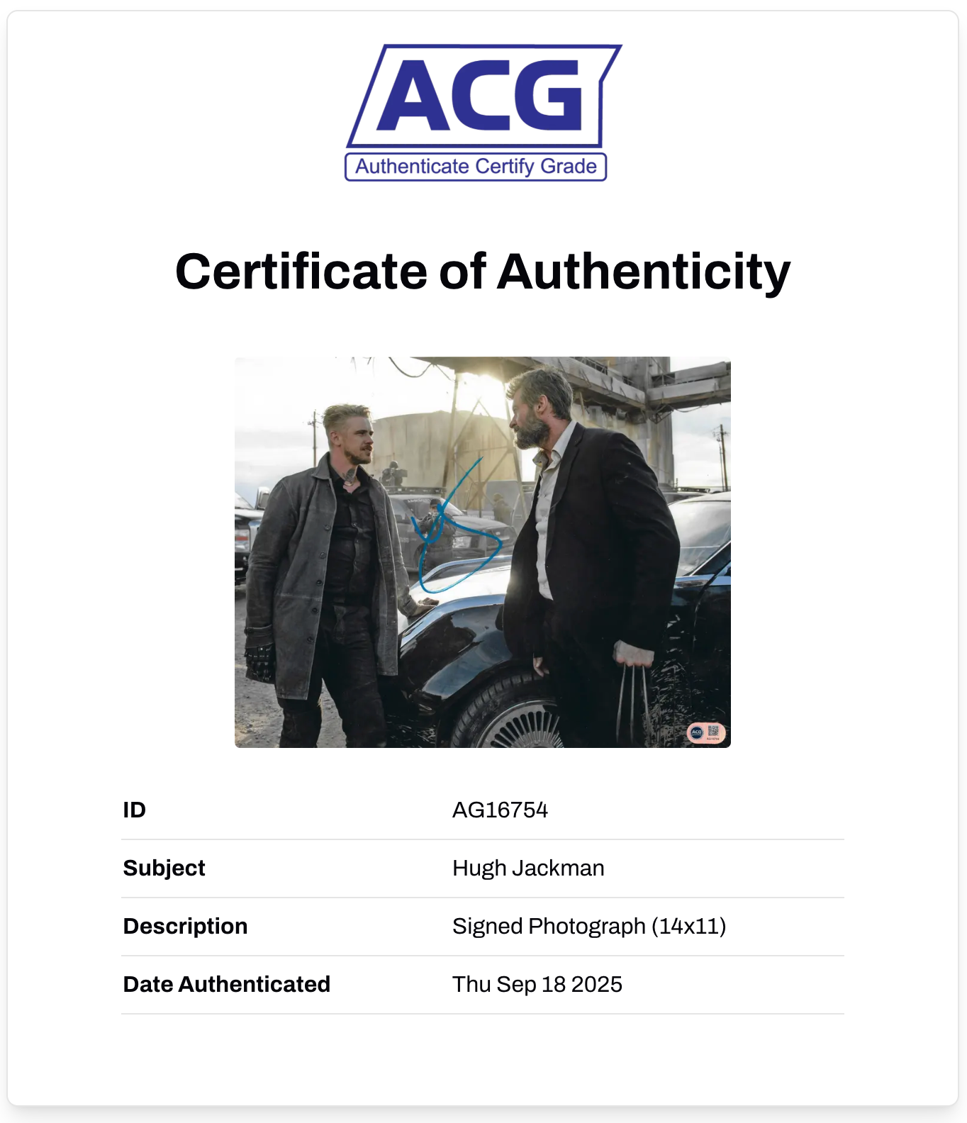 HUGH JACKMAN SIGNED 14X11 WOLVERINE PHOTO (ACG CERT AG16754)