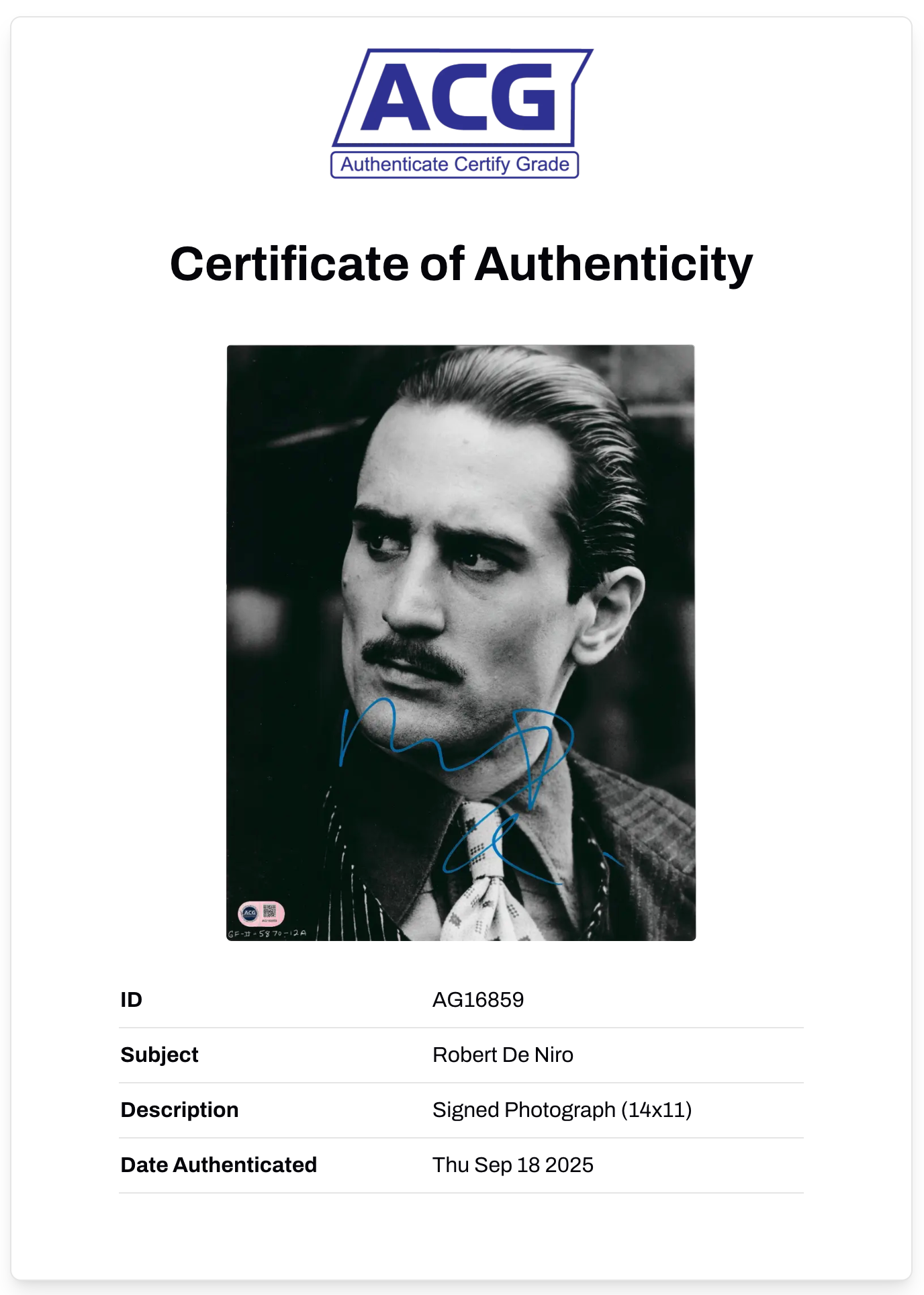 ROBERT DE NIRO SIGNED GODFATHER VITO CORLEONE 14x11 PHOTO (ACG CERT AG16859)