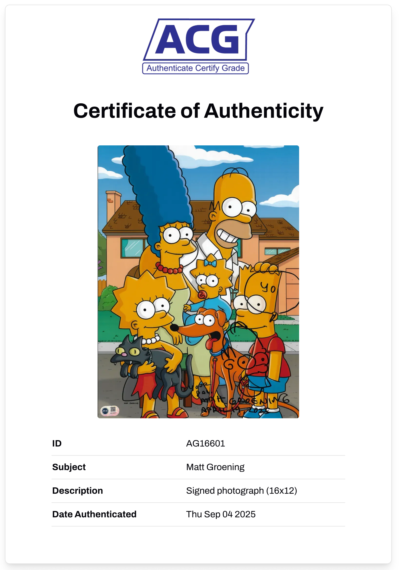 MATT GROENING SIGNED THE SIMPSONS 16x12 PHOTO (ACG CERT AG16601)