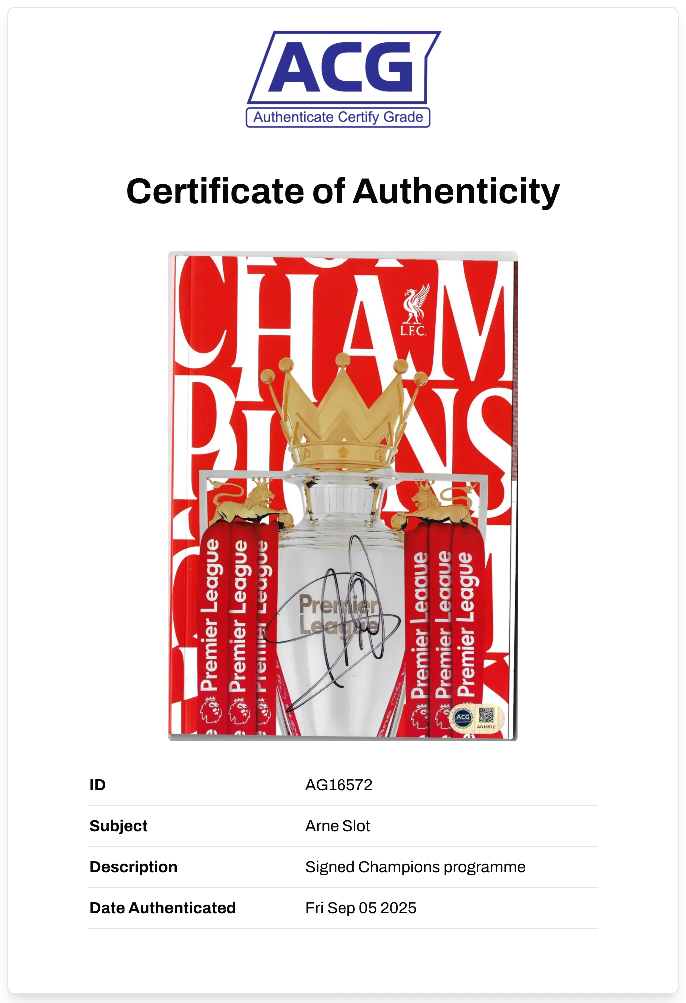 ARNE SLOT SIGNED LIVERPOOL FC 2024/25 CHAMPIONS PROGRAMME (ACG CERT AG16572)