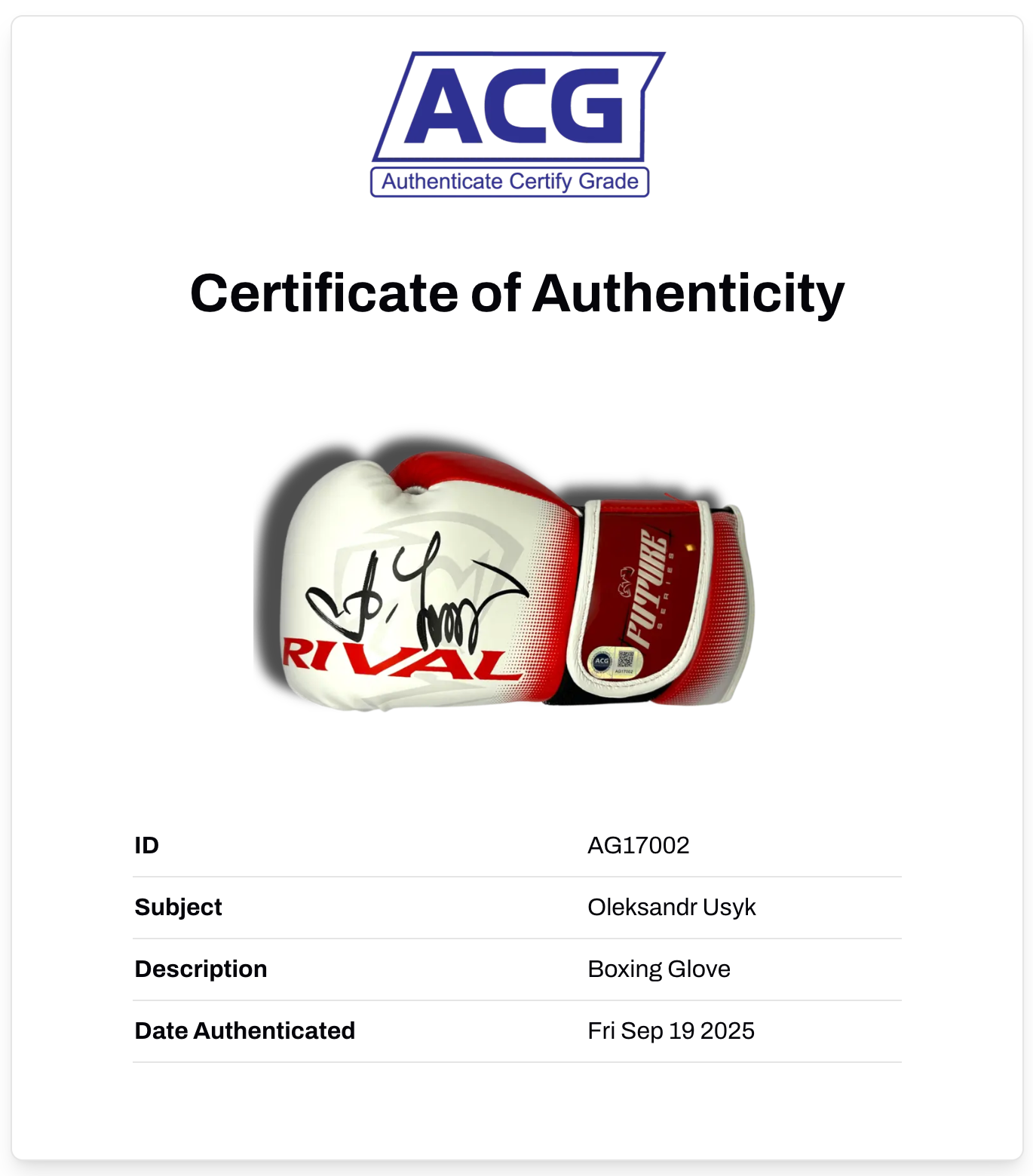 OLEKSANDR USYK SIGNED MID RIVAL WHITE BOXING GLOVE UNDISPUTED (ACG CERT AG17002)
