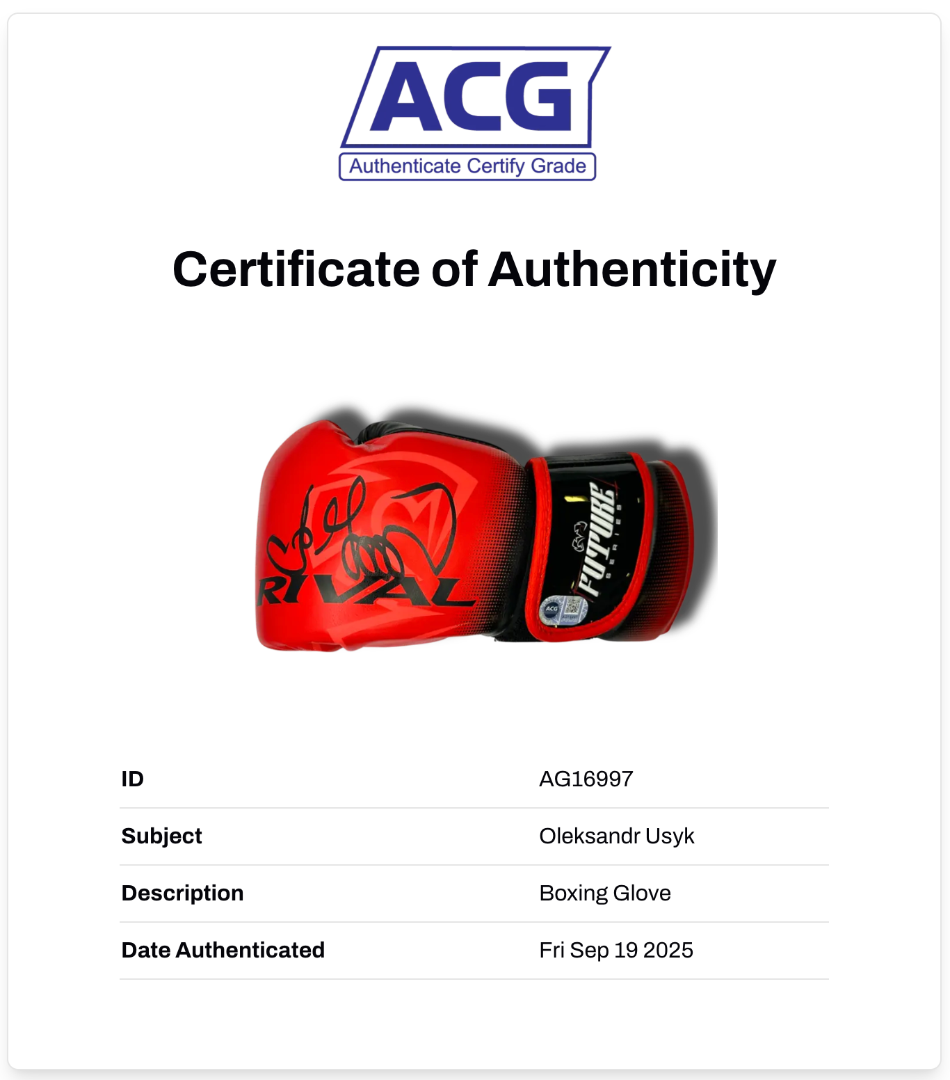 OLEKSANDR USYK SIGNED MID RIVAL RED BOXING GLOVE UNDISPUTED (ACG CERT AG16997)