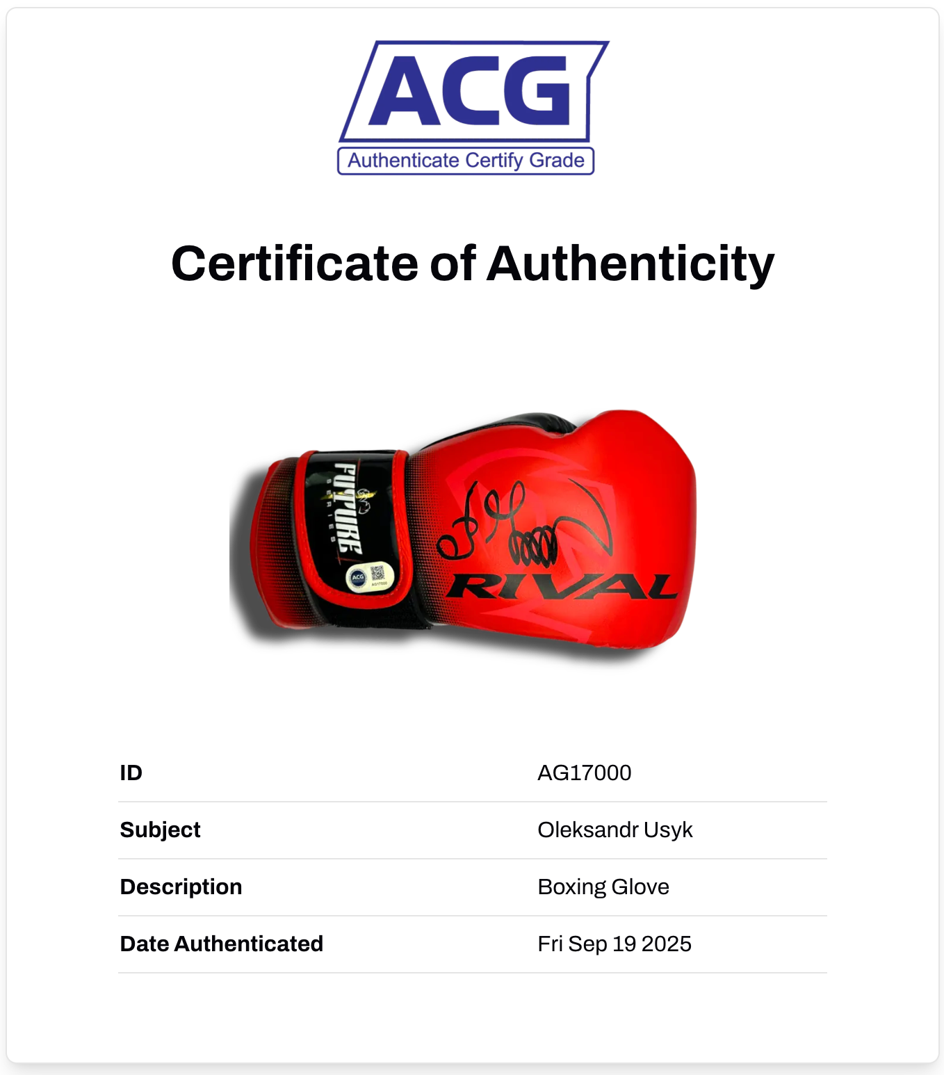 OLEKSANDR USYK SIGNED MID RIVAL RED BOXING GLOVE UNDISPUTED (ACG CERT AG17000)