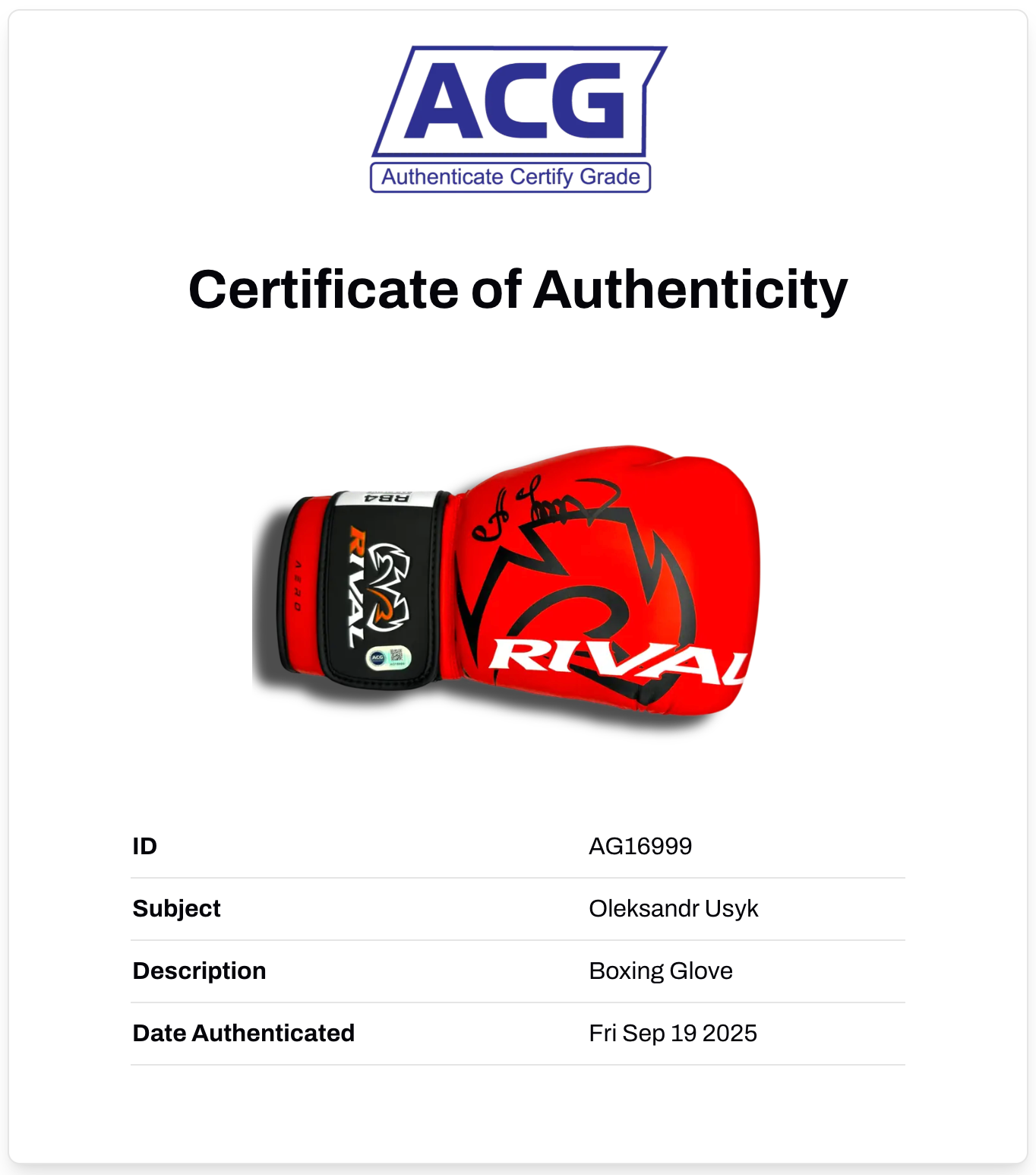 OLEKSANDR USYK SIGNED RIVAL RED BOXING GLOVE UNDISPUTED CHAMP (ACG CERT AG16999)