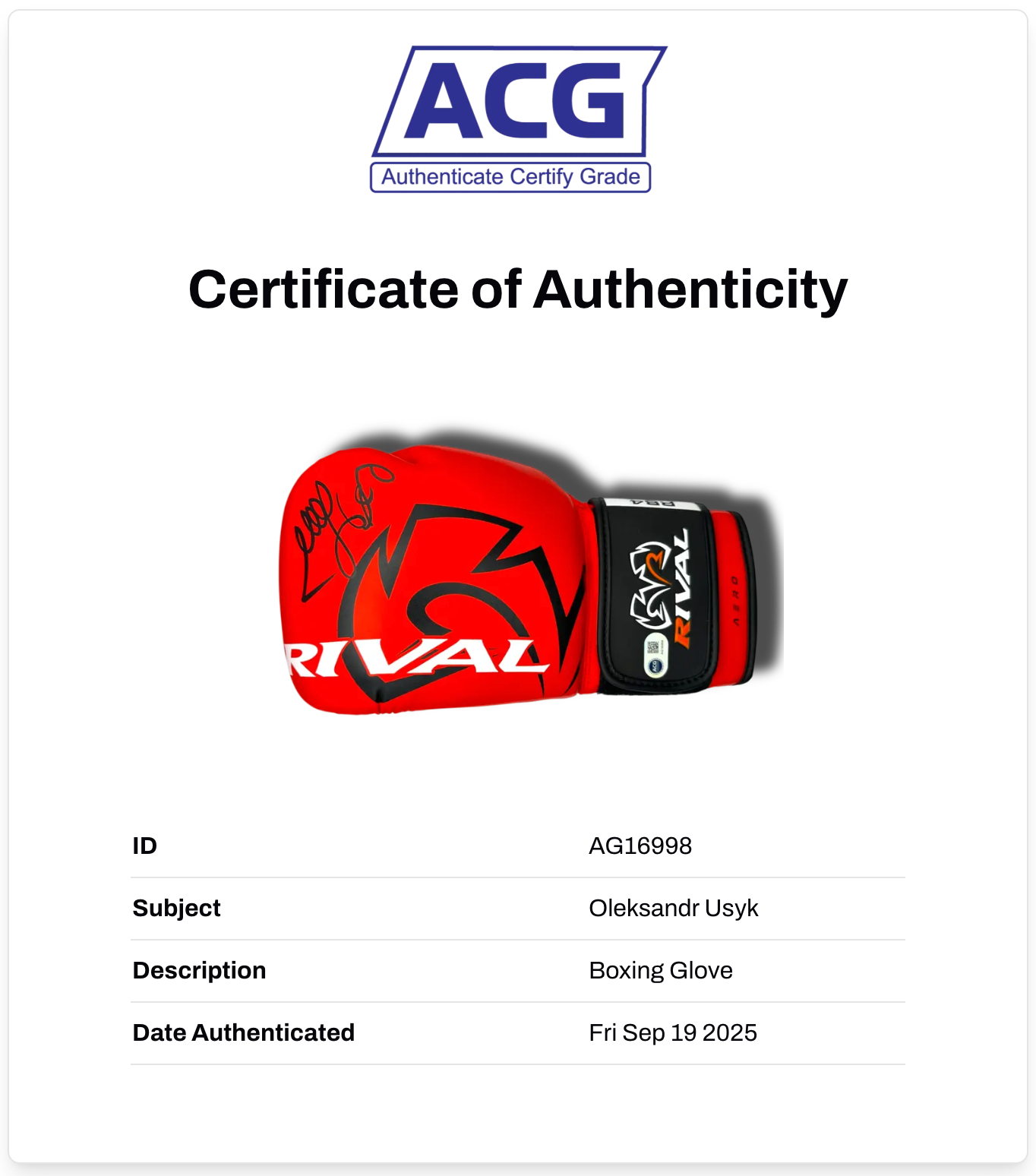 OLEKSANDR USYK SIGNED RIVAL RED BOXING GLOVE UNDISPUTED CHAMP (ACG CERT AG16998)