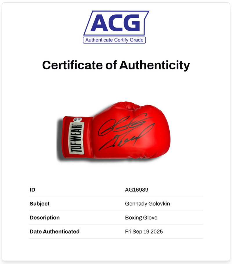 GENNADY GOLOVKIN GGG SIGNED RED TUF-WEAR BOXING GLOVE (ACG CERT AG16989)-2