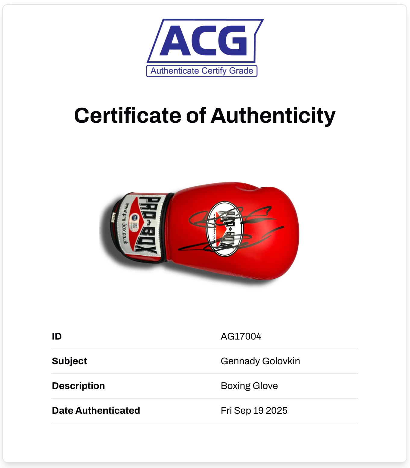 GENNADY GOLOVKIN GGG SIGNED RED PRO-BOX BOXING GLOVE (ACG CERT AG17004)