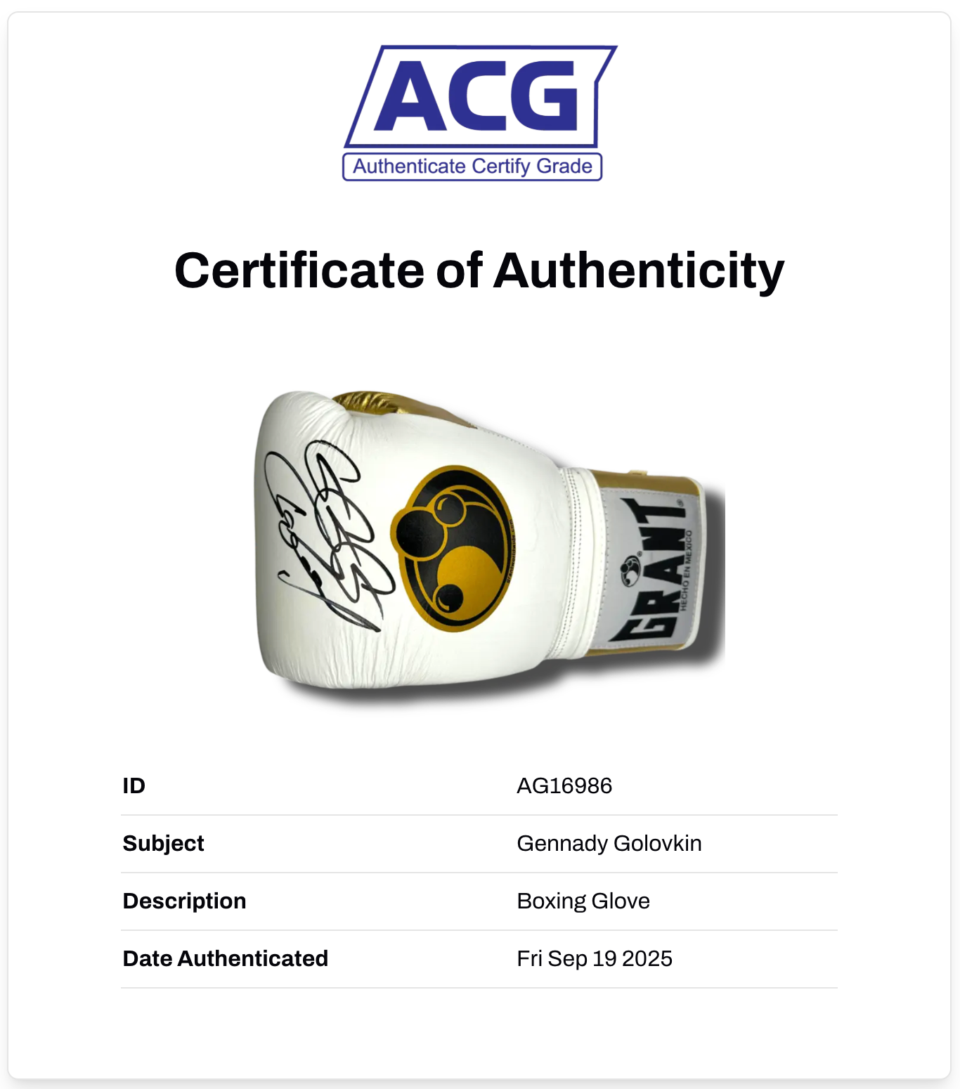 GENNADY GOLOVKIN GGG SIGNED WHITE BOXING GLOVE (ACG CERT AG16986)
