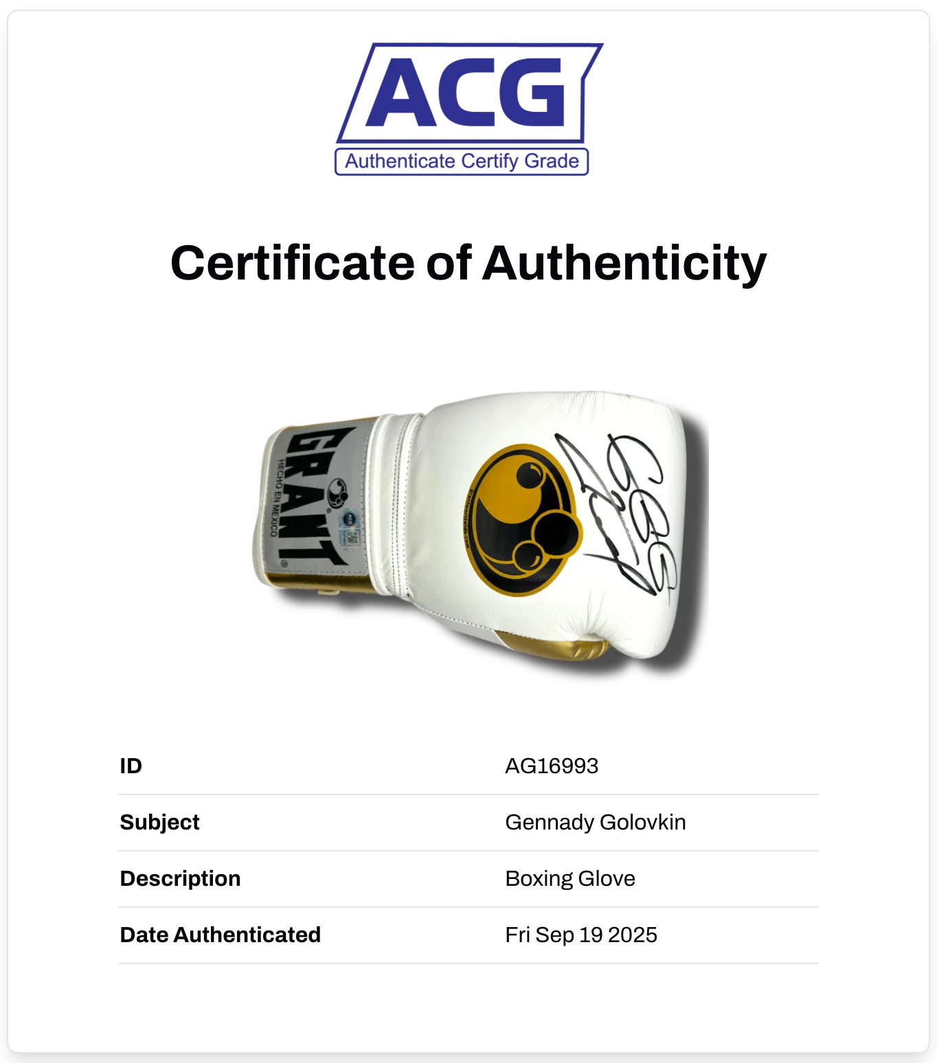 GENNADY GOLOVKIN GGG SIGNED WHITE BOXING GLOVE (ACG CERT AG16993)