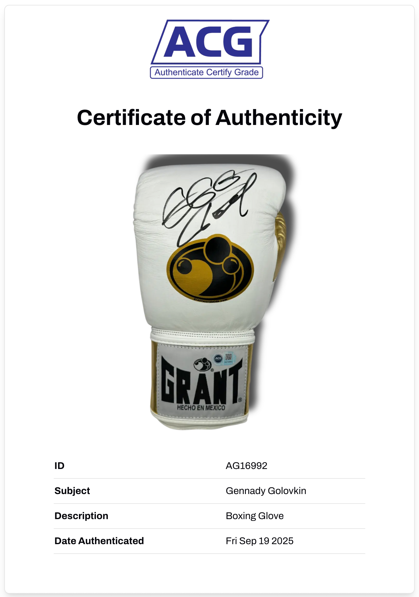 GENNADY GOLOVKIN GGG SIGNED WHITE BOXING GLOVE (ACG CERT AG16992)