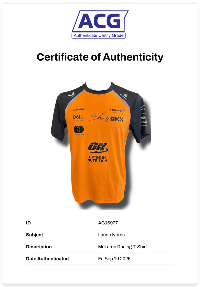 LANDO NORRIS SIGNED MCLAREN CASTORE FORMULA 1 T-SHIRT (ACG CERT AG16977)-2