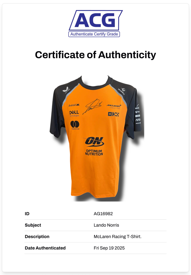 LANDO NORRIS SIGNED MCLAREN CASTORE FORMULA 1 T-SHIRT (ACG CERT AG16982)-2