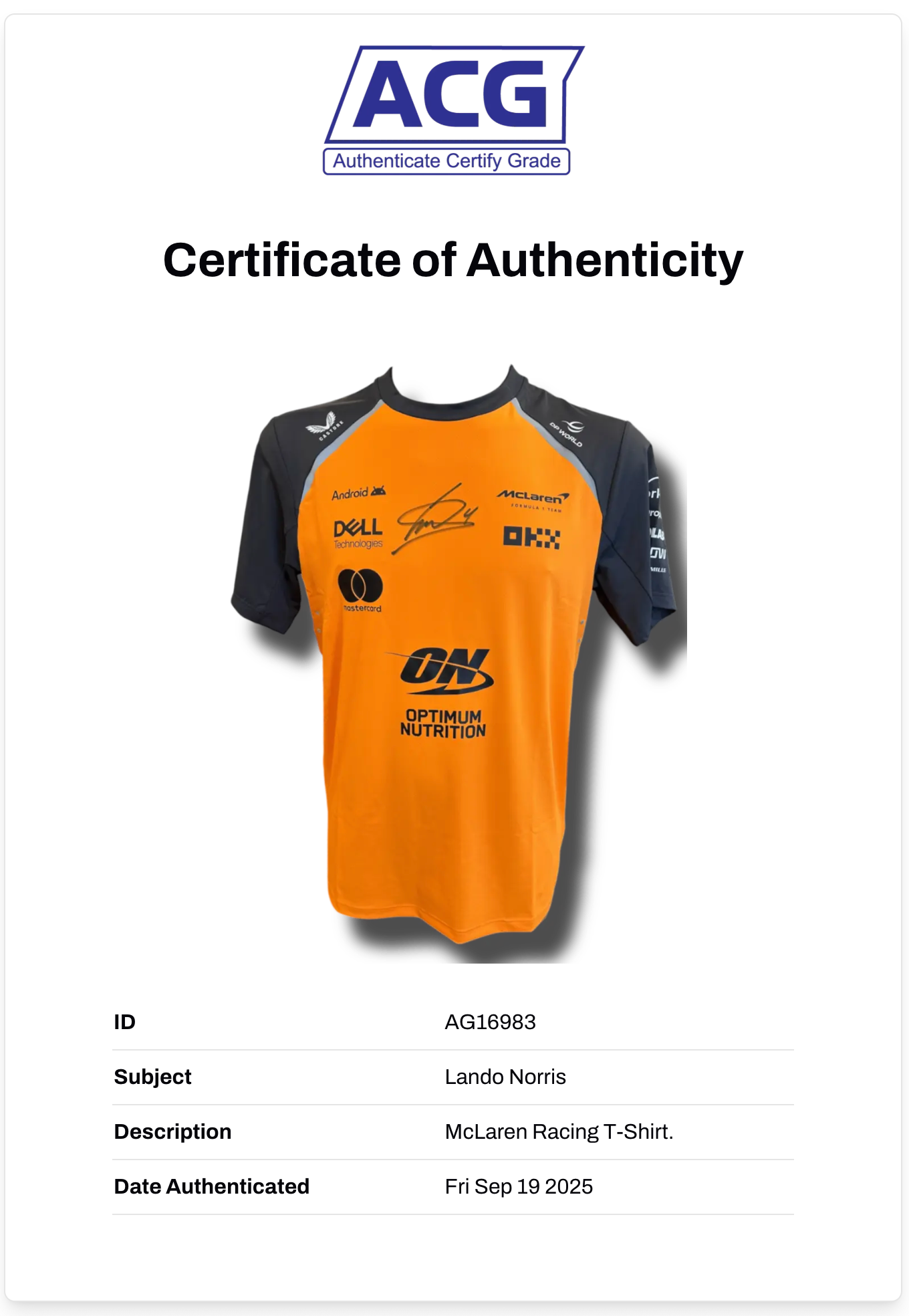 LANDO NORRIS SIGNED MCLAREN CASTORE FORMULA 1 T-SHIRT (ACG CERT AG16983)