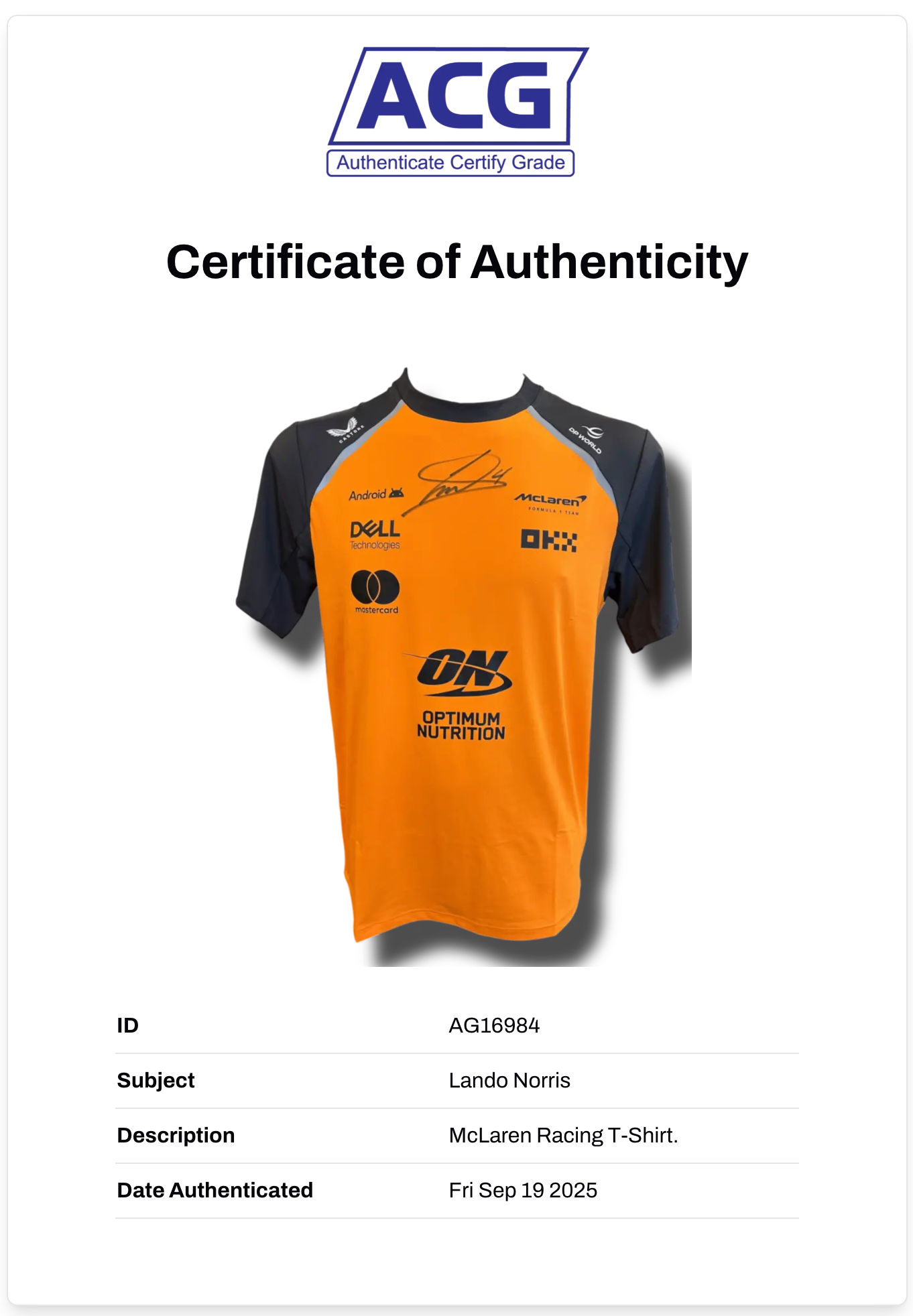 LANDO NORRIS SIGNED MCLAREN CASTORE FORMULA 1 T-SHIRT (ACG CERT AG16984)