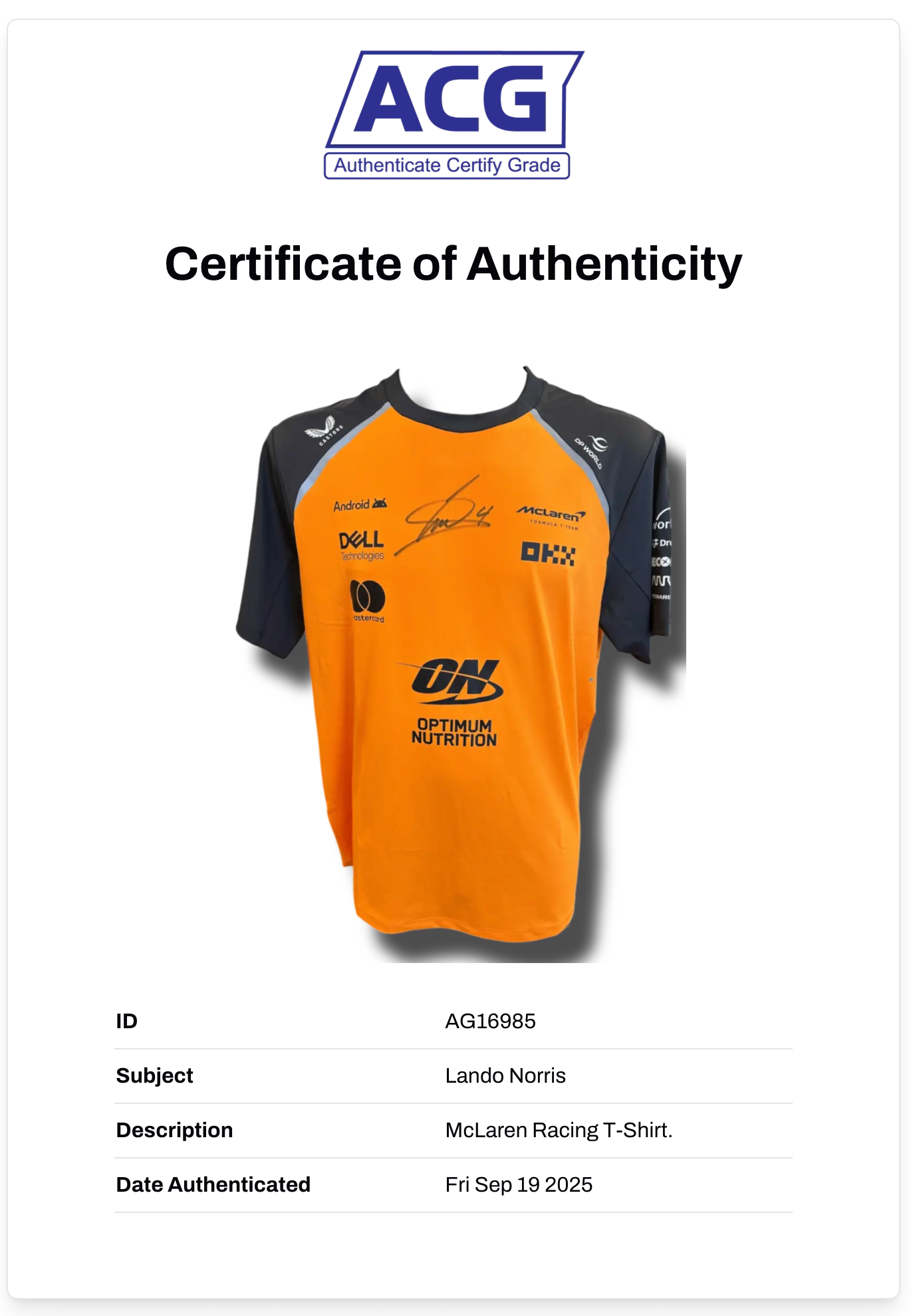 LANDO NORRIS SIGNED MCLAREN CASTORE FORMULA 1 T-SHIRT (ACG CERT AG16985)