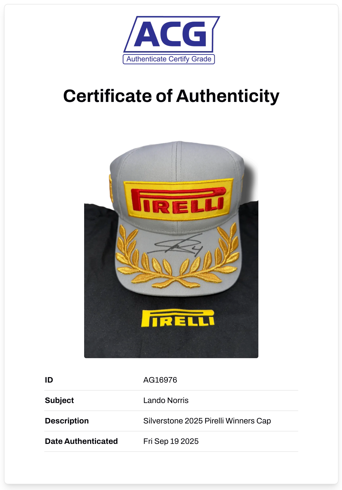 LANDO NORRIS SIGNED SILVERSTONE 2025 PIRELLI FORMULA 1 CAP (ACG CERT AG16976)