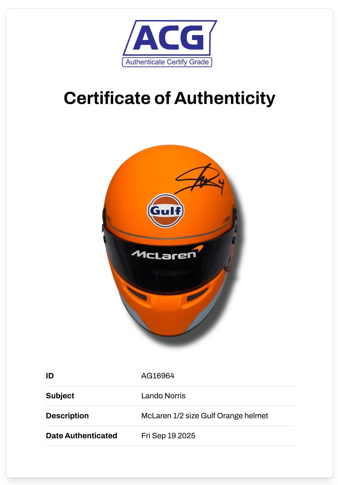 LANDO NORRIS SIGNED MCLAREN 1/2 SIZE GULF F1 HELMET (ACG CERT AG16964)