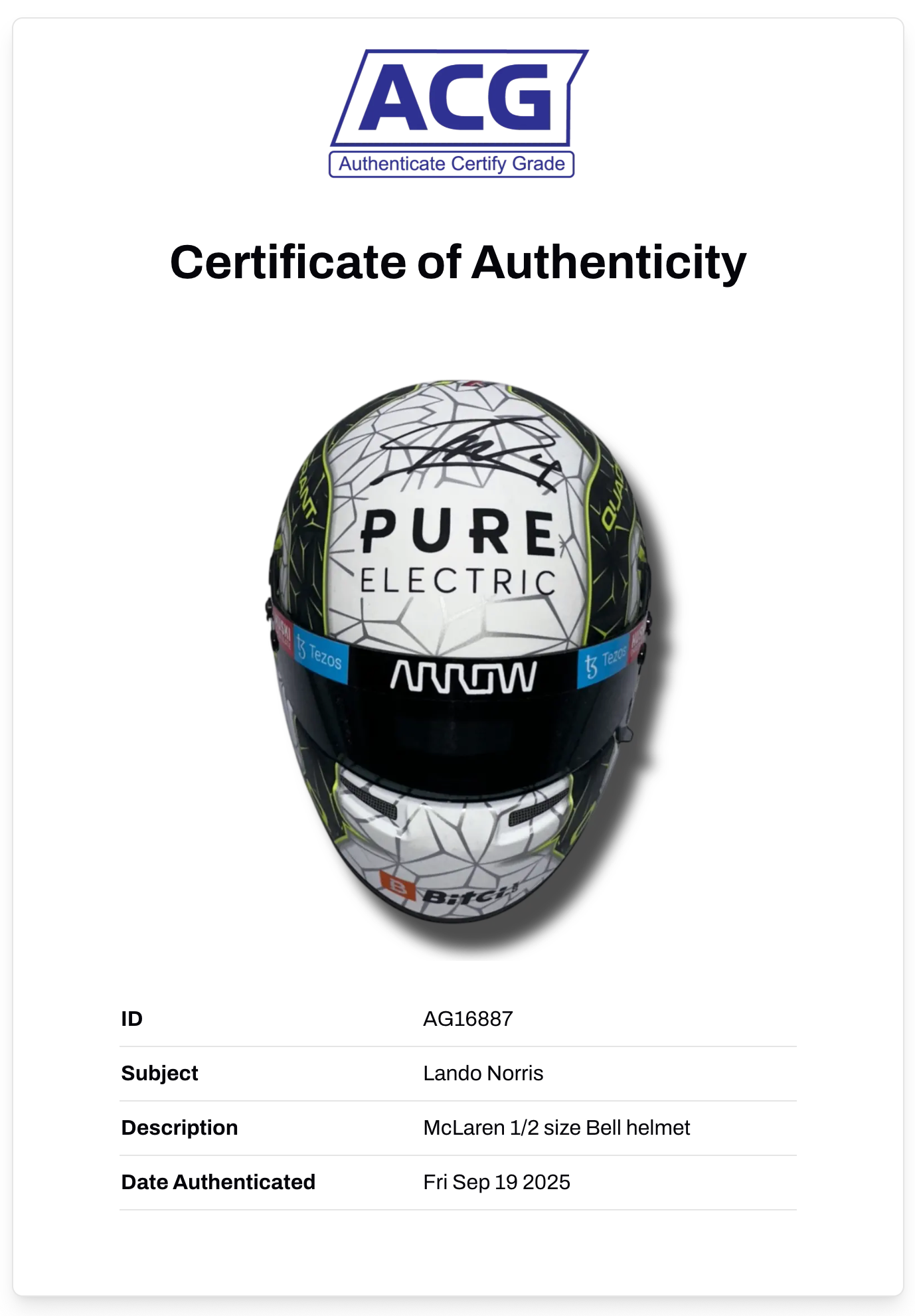 LANDO NORRIS SIGNED MCLAREN 1/2 SIZE BELL F1 HELMET (ACG CERT AG16887)