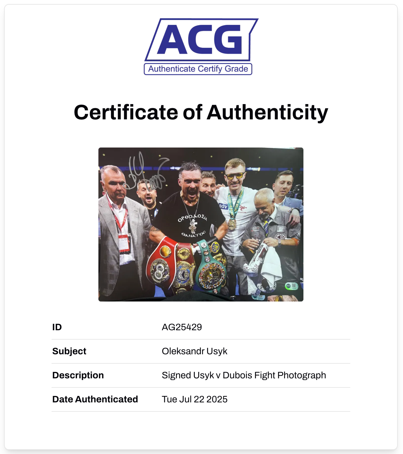 OLEKSANDR USYK SIGNED 16x12 UNDISPUTED CHAMP PHOTO (ACG CERT AG25429)