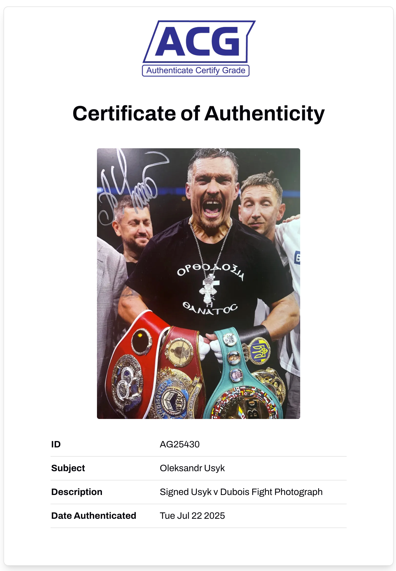 OLEKSANDR USYK SIGNED 16x12 UNDISPUTED CHAMP PHOTO (ACG CERT AG25430)