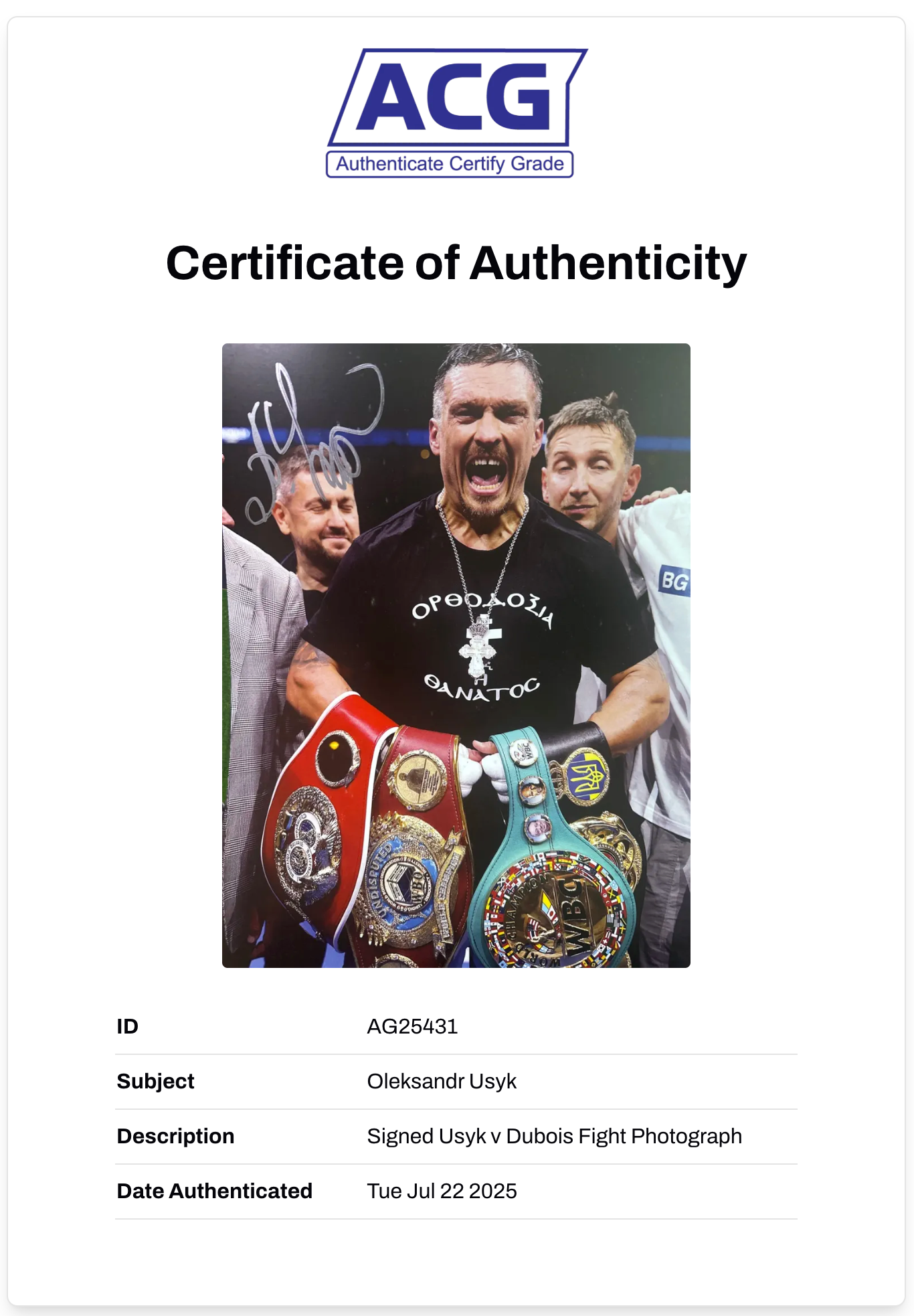 OLEKSANDR USYK SIGNED 16x12 UNDISPUTED CHAMP PHOTO (ACG CERT AG25431)