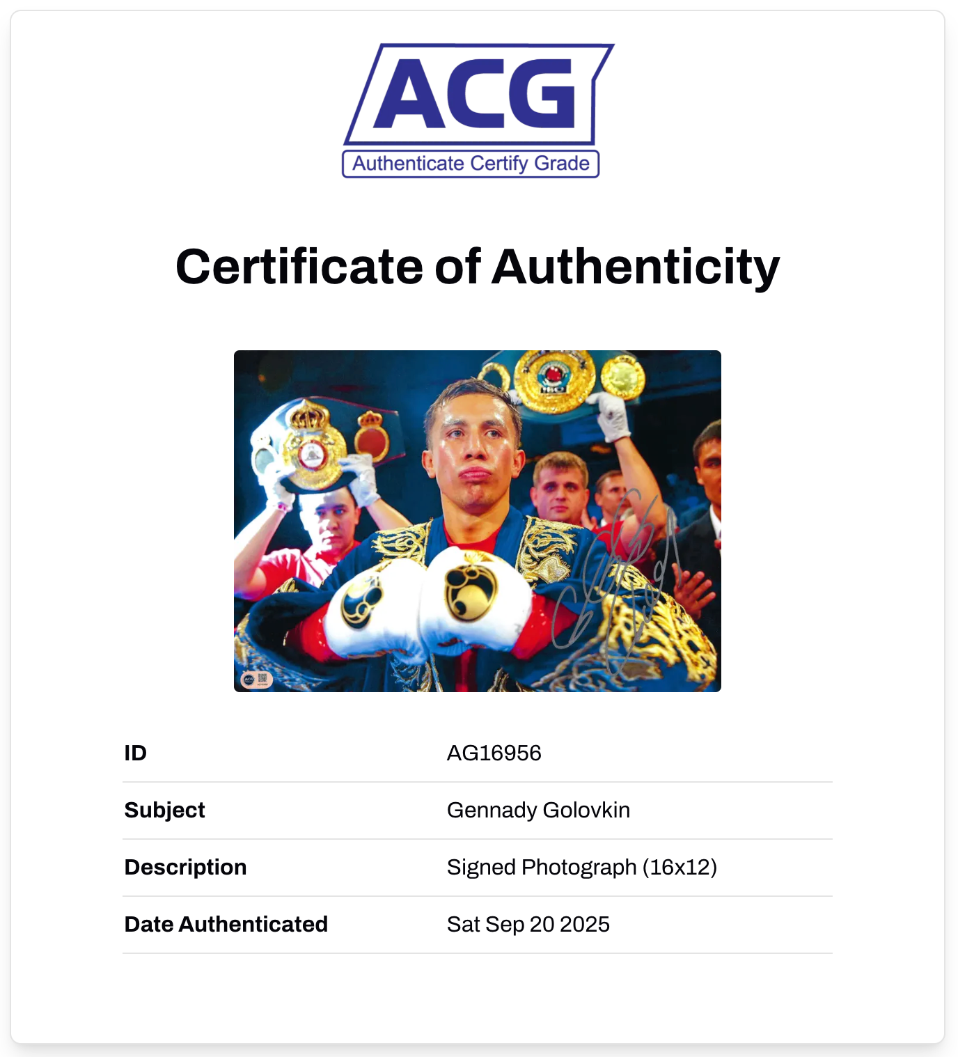GENNADY GOLOVKIN SIGNED 16x12 BOXING CHAMPION PHOTO (ACG CERT AG16956)