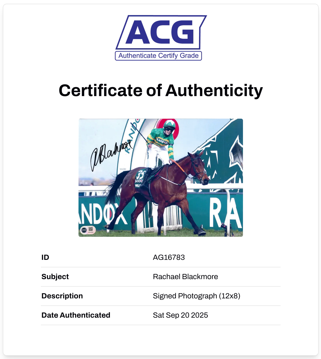 RACHAEL BLACKMORE SIGNED GRAND NATIONAL 12X8 PHOTO (ACG CERT AG16783)