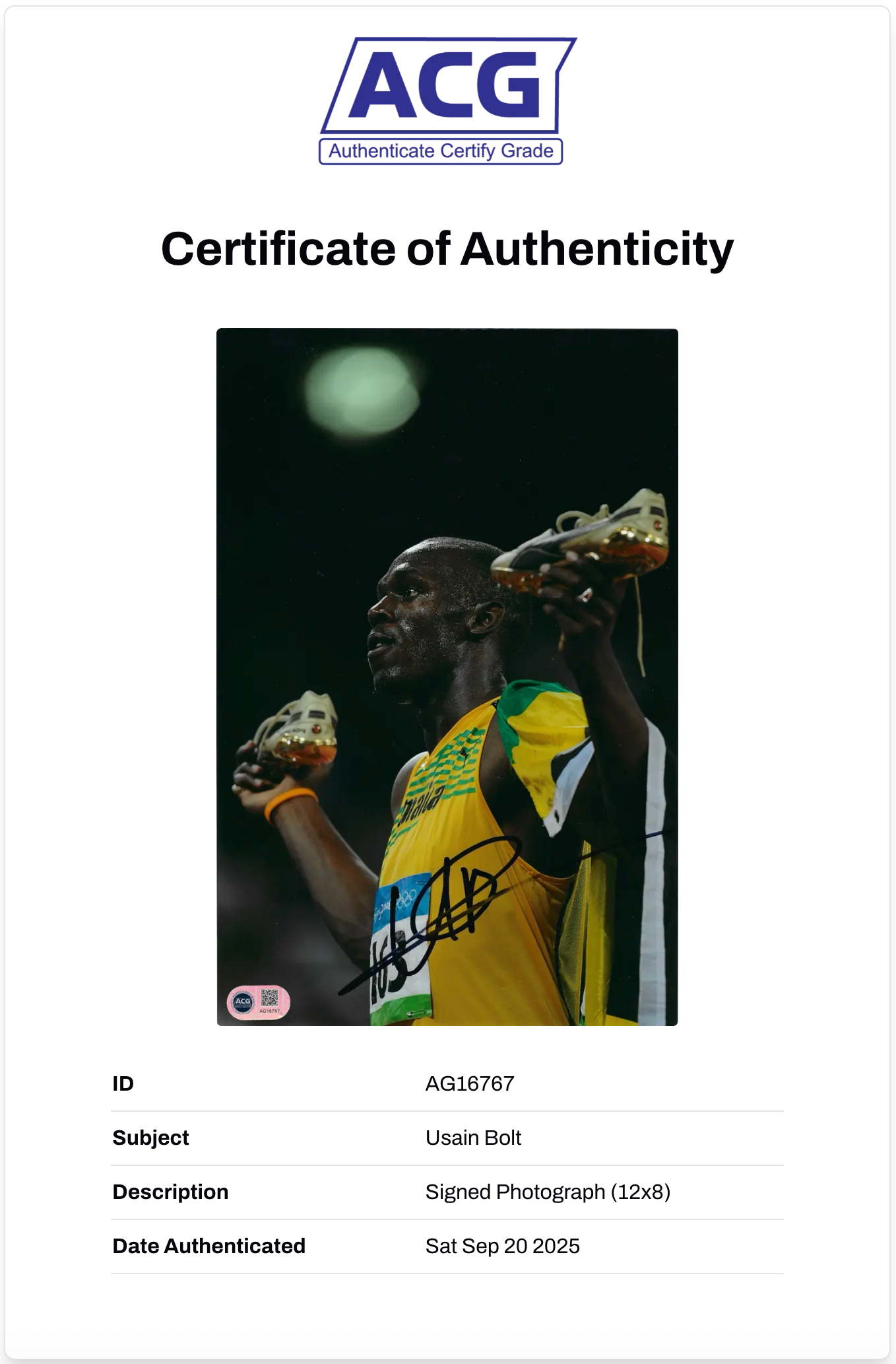 USAIN BOLT SIGNED 12x8 OLYMPICS LEGEND JAMAICA 9.58 PHOTO (ACG CERT AG16767)